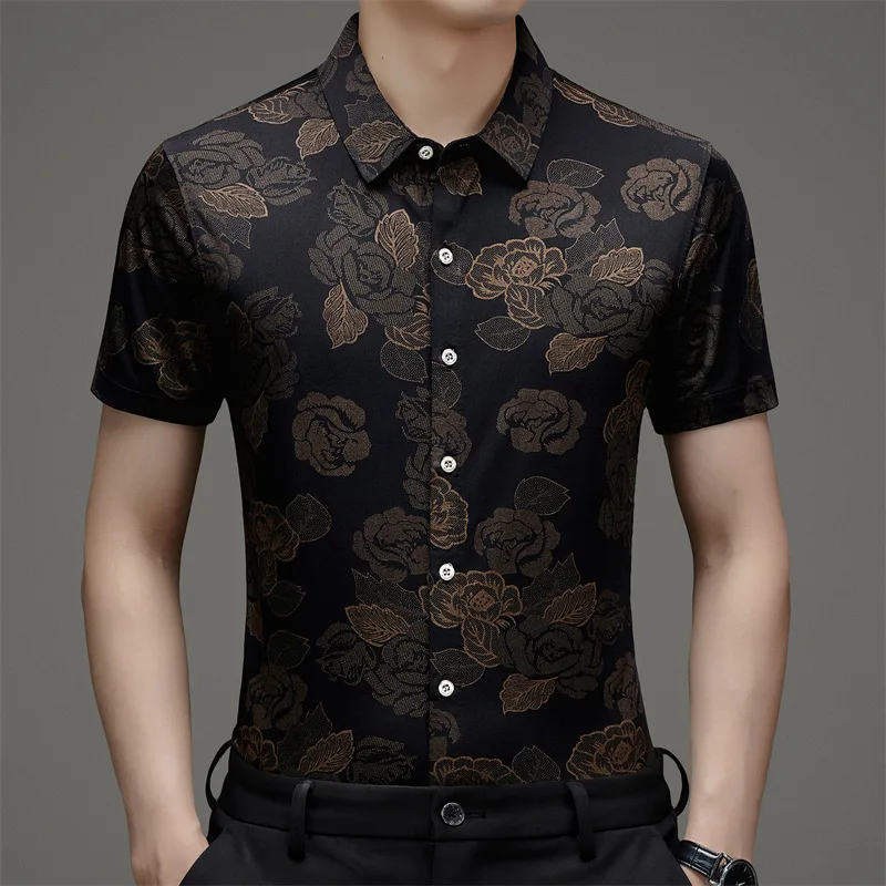 Hot Sale 2024 Summer New Middle-aged Men's Stretch Ice Silk Short Sleeve Floral Shirt drop Shipping