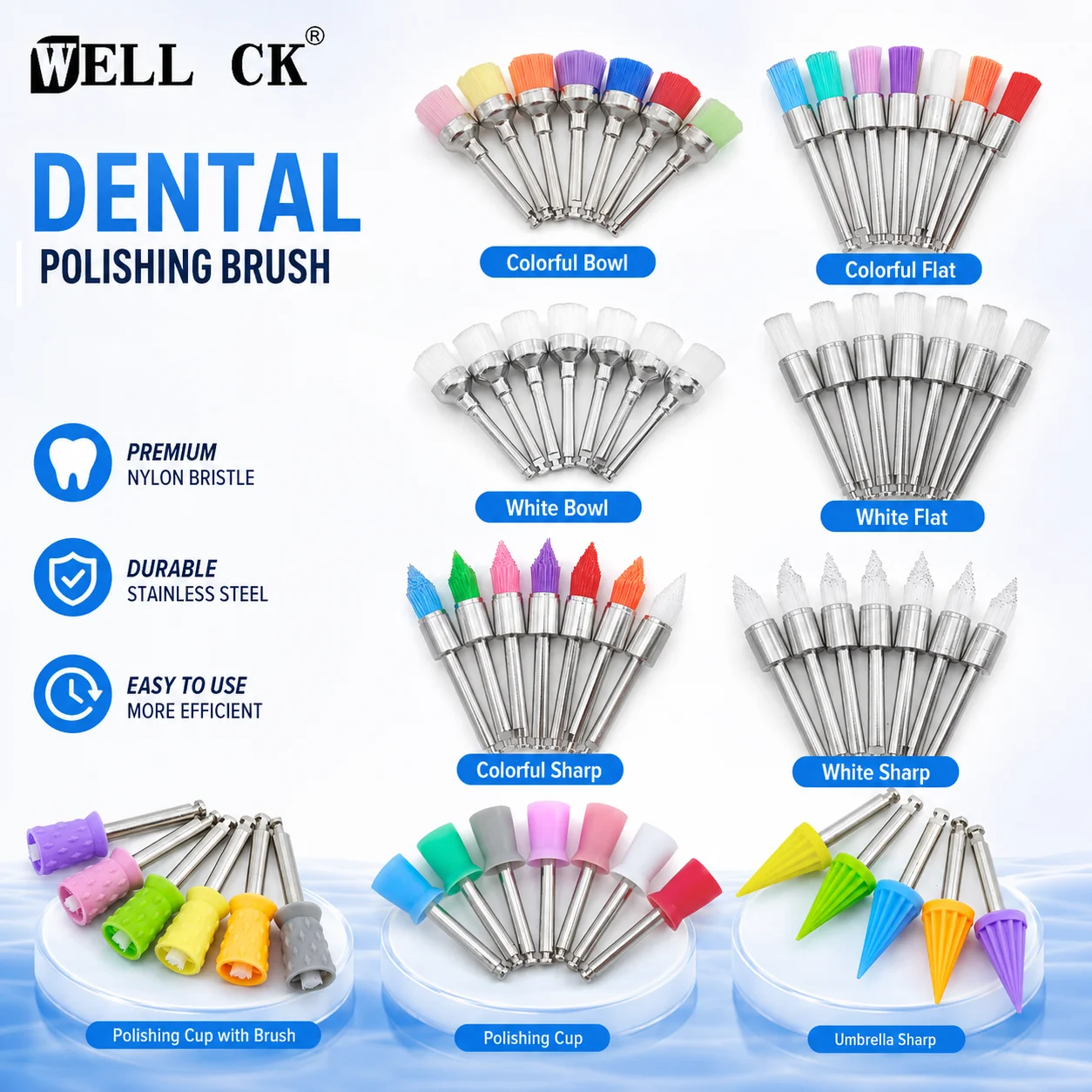100Pcs WELLCK Disposable Dental Polisher Nylon Bristle Brush Polishing Polisher Cup Teeth Whitening Prophy Brushes Dentist Tool