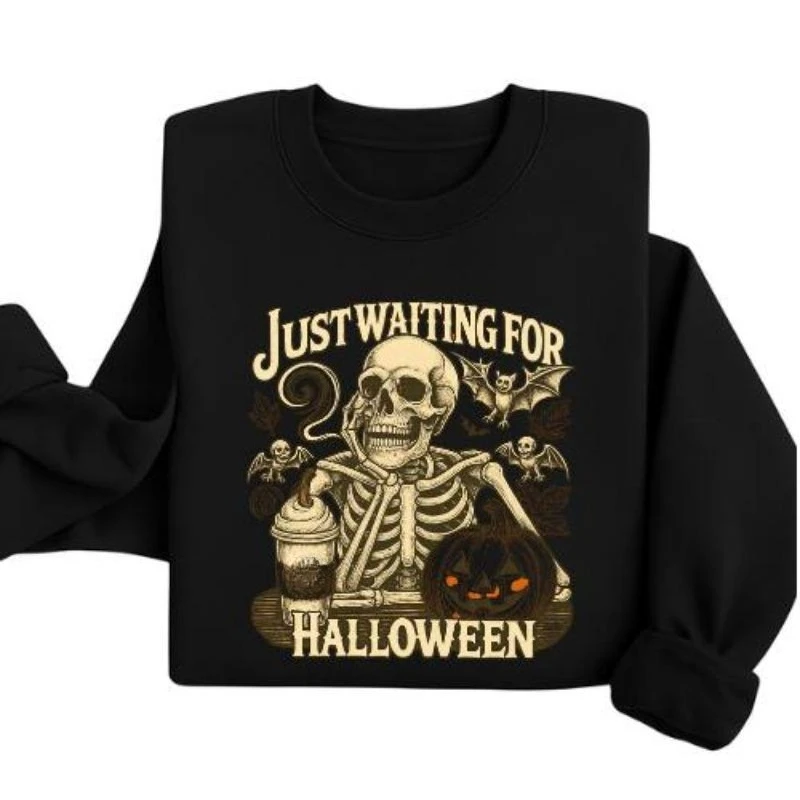 

Women's "Just Waiting for Halloween" Funny Skeleton Graphic Sweatshirt, Autumn Crewneck Pullover for Spooky Season
