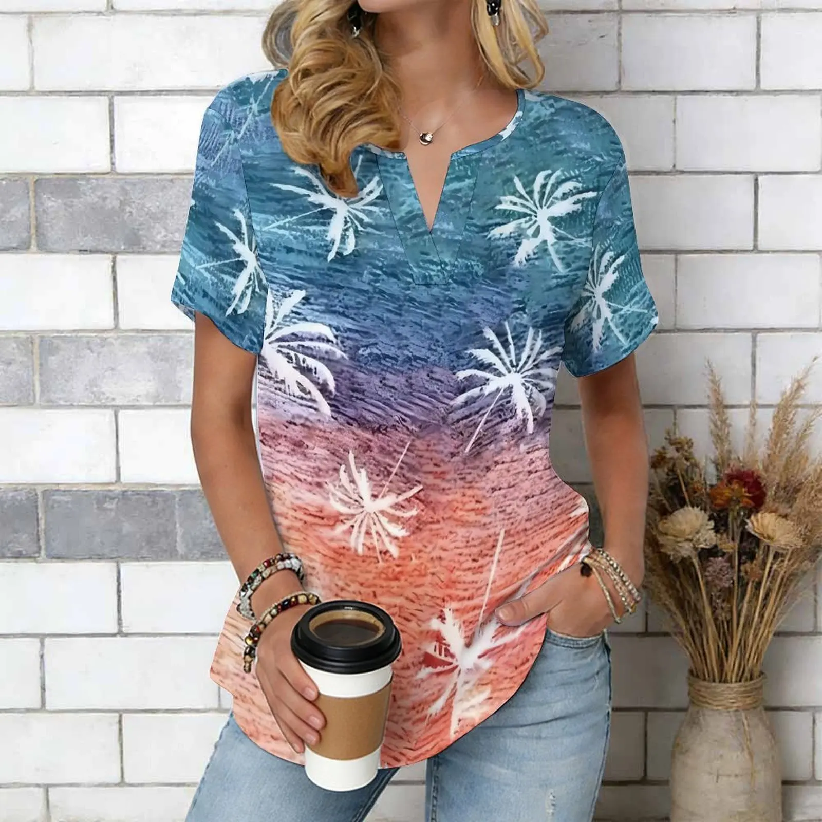 Women Print Notched V Neck Short Sleeve Casual Loose Tunic Tops