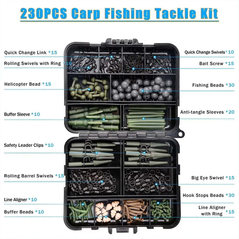 230Pcs Carp Fishing Tackle Kit Carp Fishing Rigs Carp Swivel Snaps Helicopter Rigs Leader Clips Rubber Sleeves Accessories