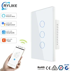 US / AU Standard Touch Screen Tempered Glass Panel Tuya App Smart Switch 1 Way/2 Way/3 Way Wifi Controlled Light Switch