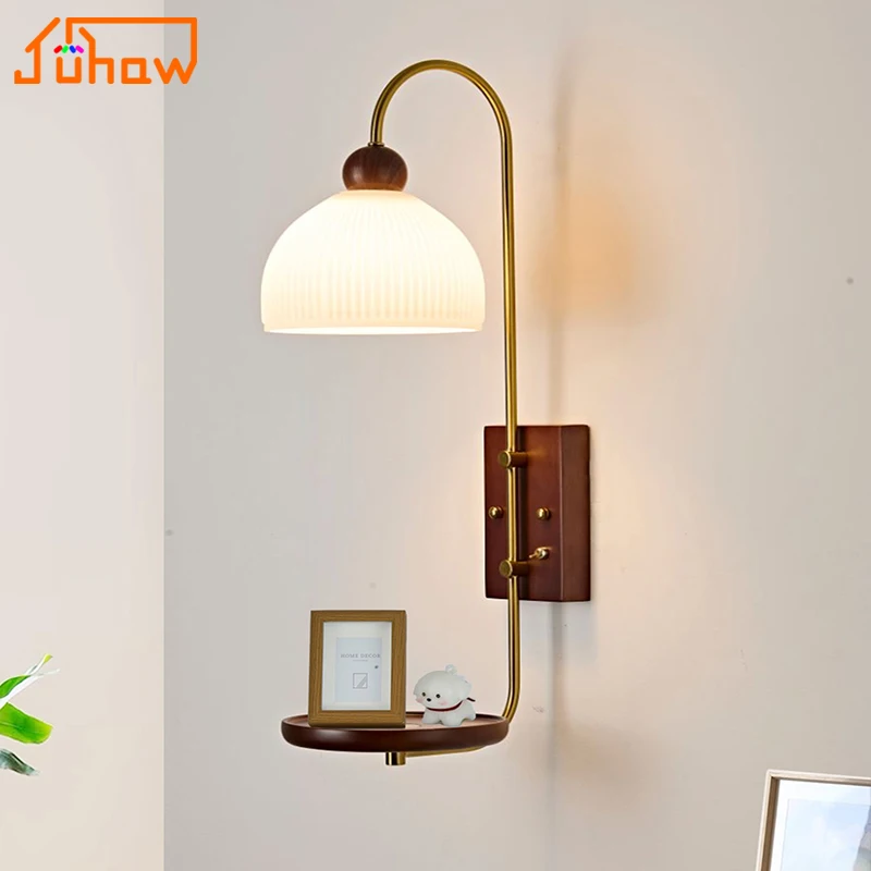 

Wabi Sabi Vintage Chinese Style Wall Lamp With Tabletop Storage For Living Room Cafe Study Bedroom Bedside Decor