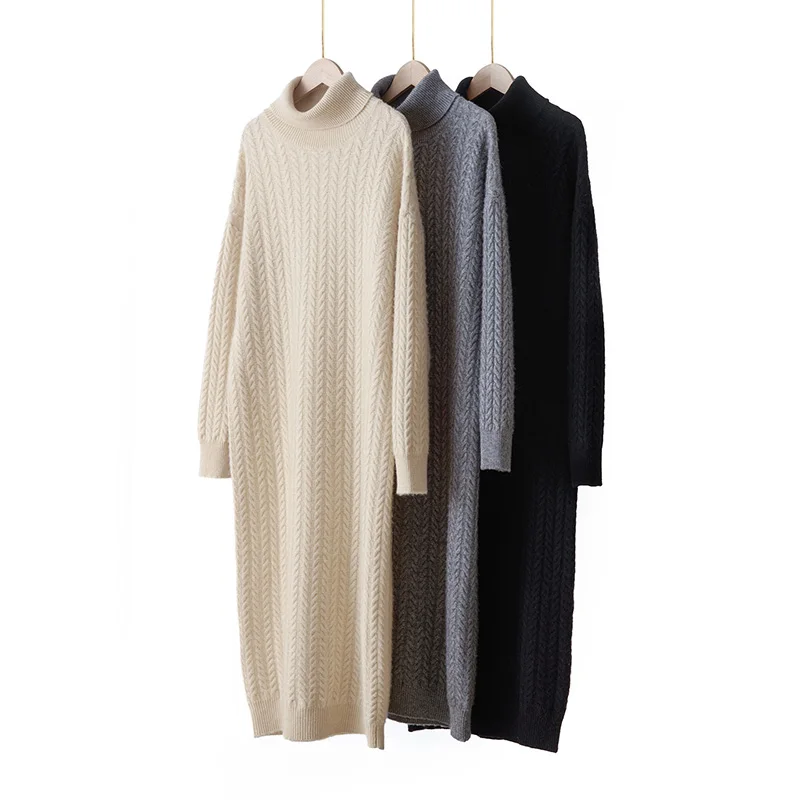 High Collar Cable Knit Women's Long Dress Autumn Winter 100% Cashmere Dress Versatile Fashion Solid Color Women's Wear