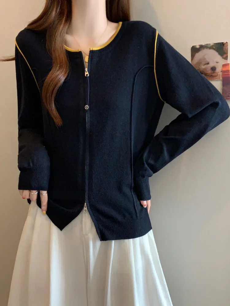 

plus Size Knitted Woolen Zipper Cardigan Women's Autumn Winter Loose Slimming Long Sve Top Color Blo High Waist Casual S...