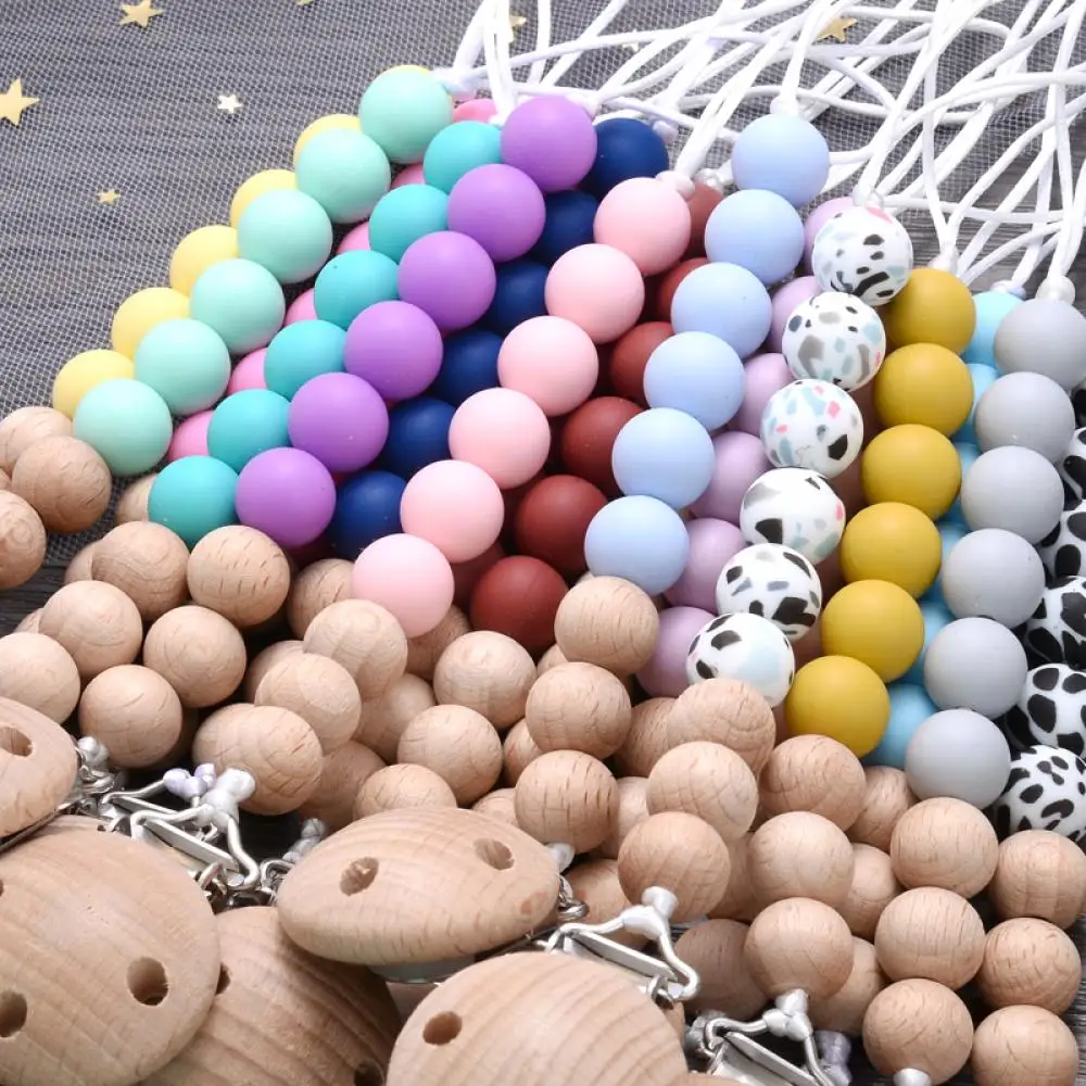 Baby Beech Silicone Pacifier Clip with Colorful Teething Beads Food Grade Anti-Drop Dummy Holder round Nipple Chain for Soothe