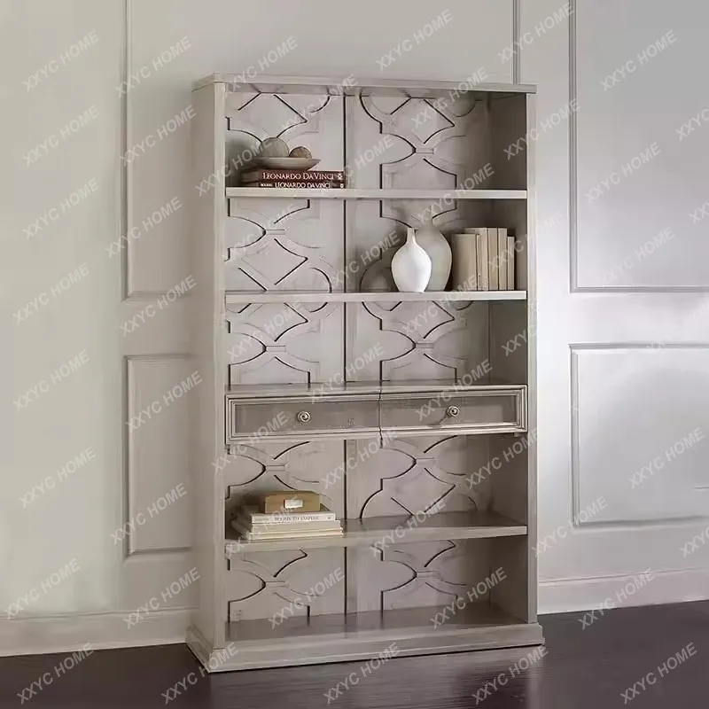 Retro and old bookcase, engraved display case, champagne color, Mori storage decoration, doorless bookshelf.