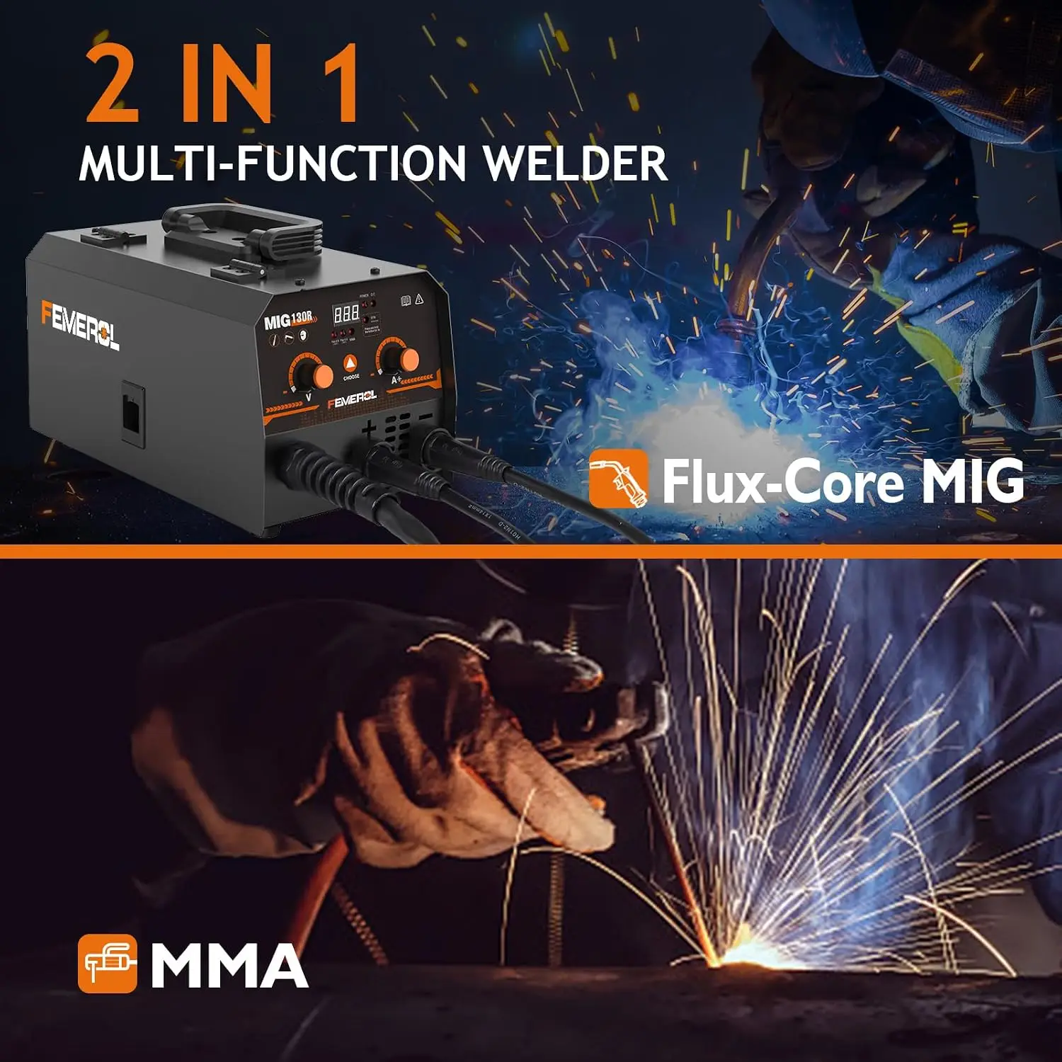 130A 110V Gasless MIG Welder, 2-in-1 Flux Core and Stick Welding Machine, Portable Wire Feed Welder with Synergy IGBT Inverter Technology