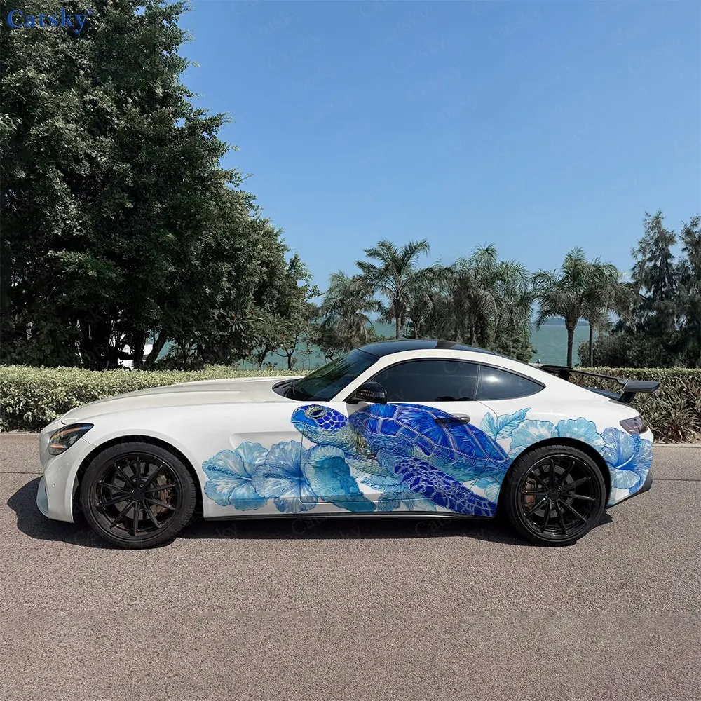 Blue Water Turtle Flower Car Side Wraps, Self-Adhesive PVC Waterproof & Scratch-Resistant Stickers, Car Accessory Gift