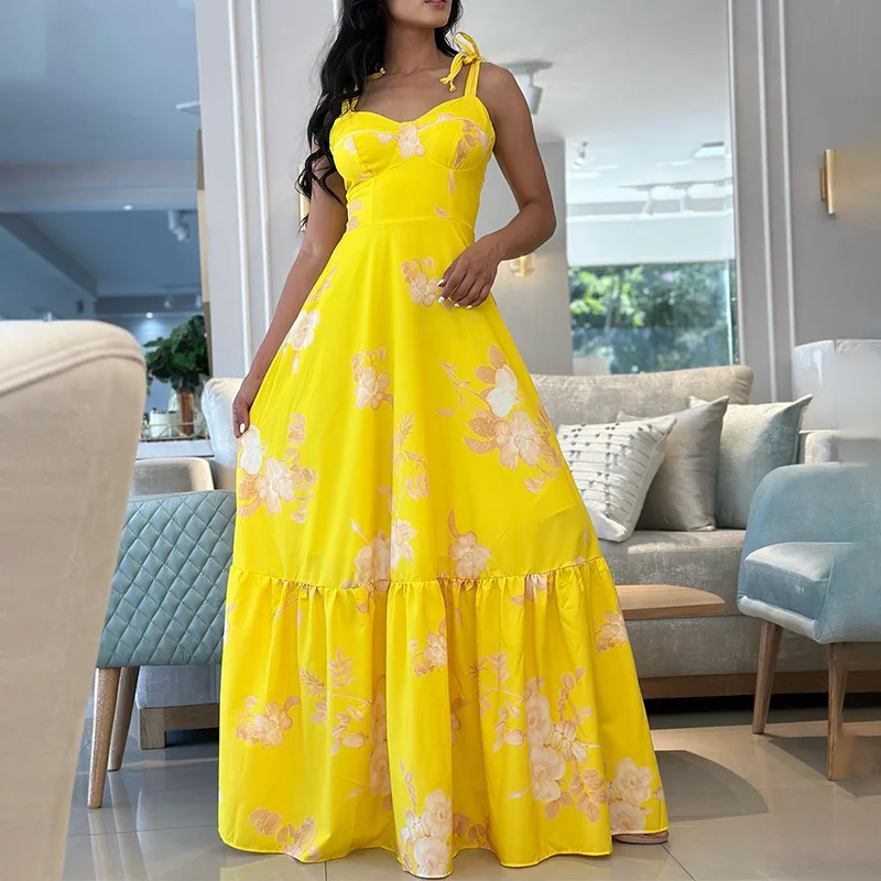 BAMBOOBOY-Robe longue plissée à bretelles spaghetti pour femme, col en V, floral, taille haute, fête, sexy, vacances, plage, été