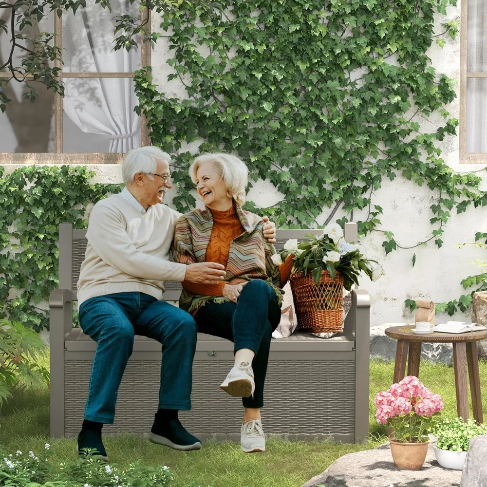 

70 gallon patio furniture storage box with armrests for outdoor storage