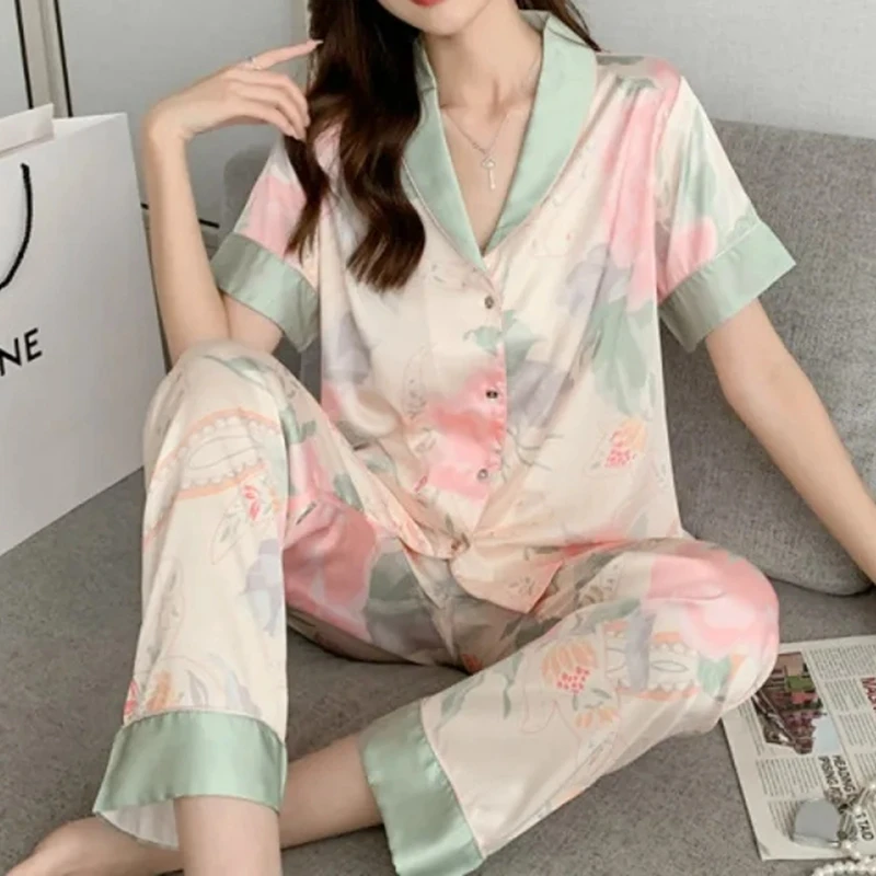 Spring Summer Satin Silk Pajamas for Women Short Sleeves Long Pants Thin Two Piece Woman New Lapel Pijamas Casual Sleepwear