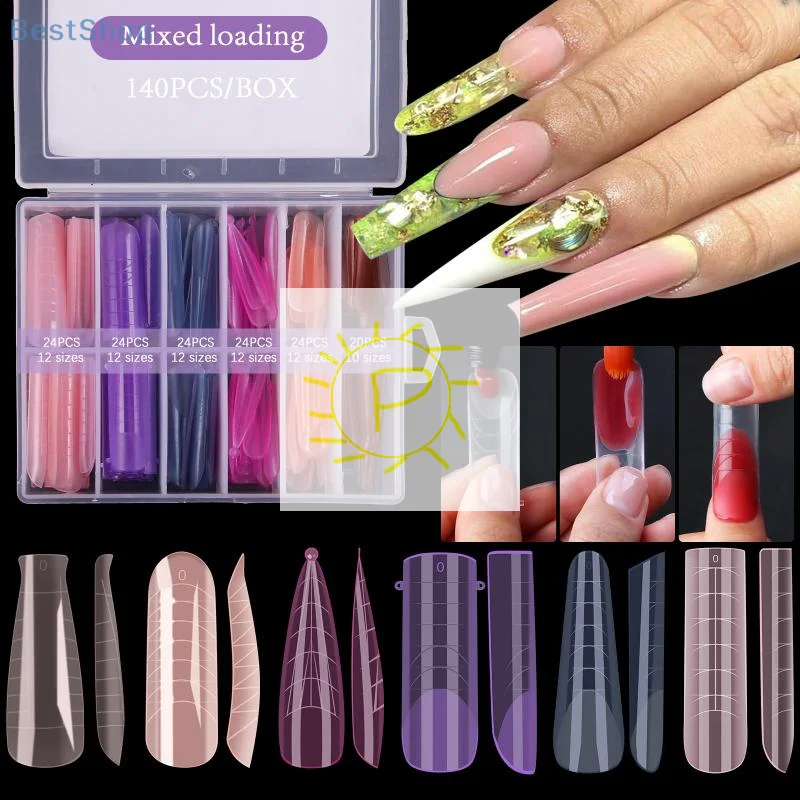 140pcs/box Nail Forms Set Colorful Full Nail Forms Top Molds Tips For Nails Gel Extension Forms Fake Building Mold Tools