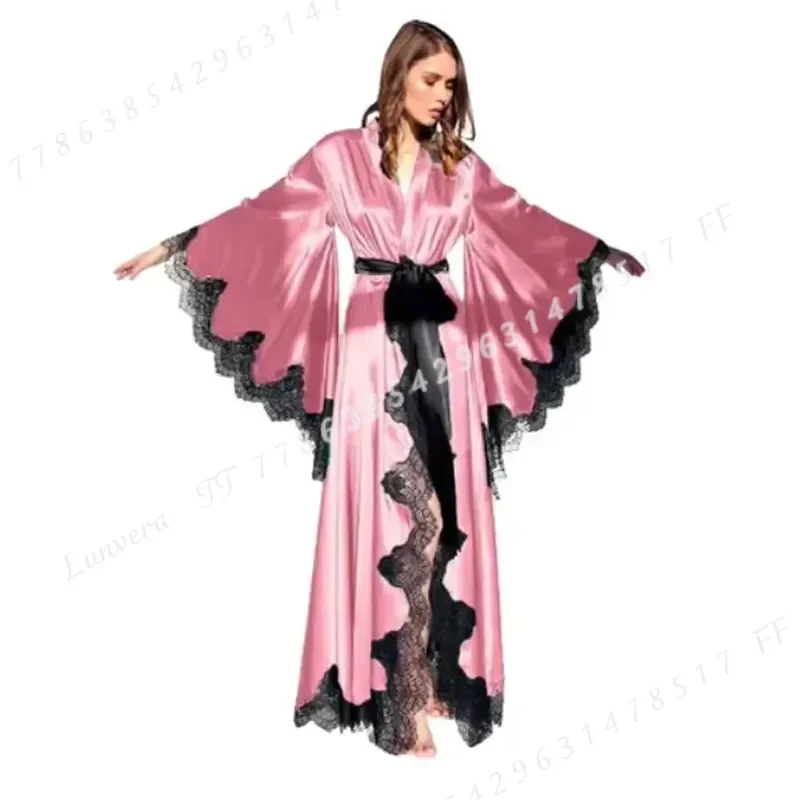 Women Long Black Silk Satin Robe Kimono Pajamas with Lace Trim Sleepwear Wedding Bride Gown Photography Dress Photo Shoot