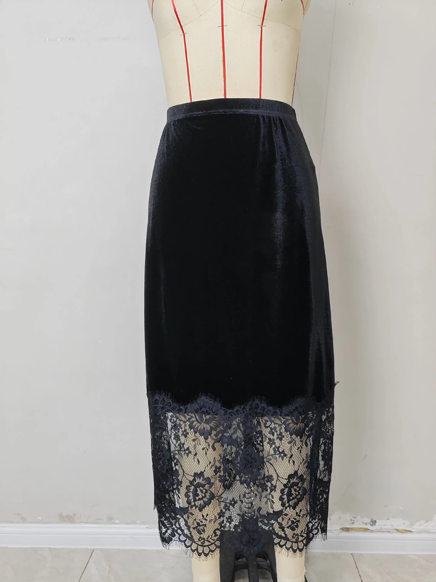 Faionable Casual Fluwelen Patchwork Kanten Rok Dames Pendelen Sle Hoge Taille A-lijn Rok Stand Fit Herfstseizoen