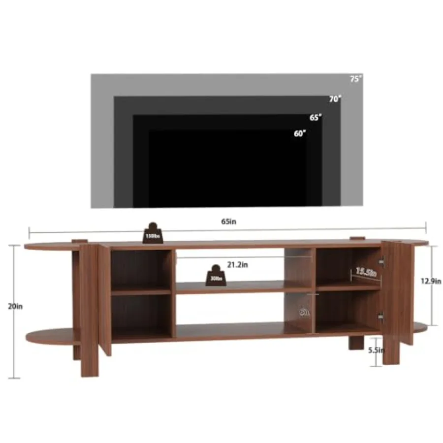 Living room TV stand: fluted MDF, matte black, 65-inch console for up to 75-inch TVs with adjustable shelves and curved round c