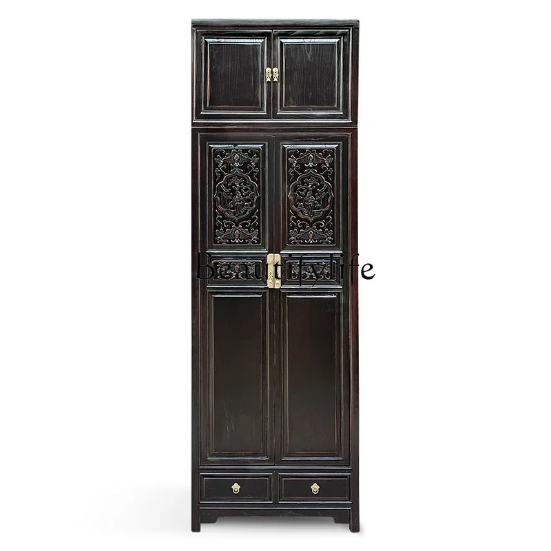 Q S Chinese Retro Wardrobe Antique Solid Wood Carved Bedroom Storage Cabinet Decorative Living Room Cabinet Classical