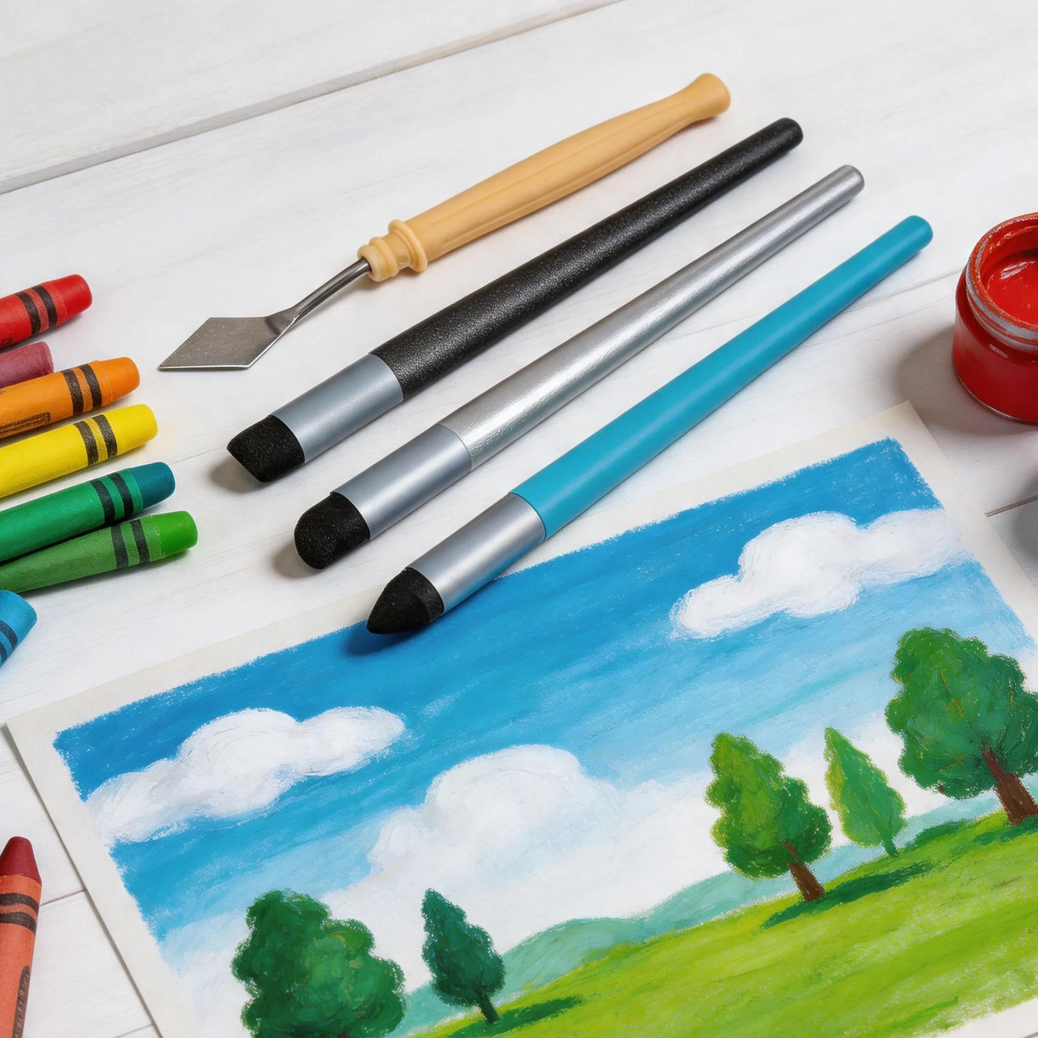 4pcs/Set Oil Pastel Blending Tools Artist Blending Sponge Pen With Scraper Sketching Tools Pen Brush Rubbing Drawing Brushes
