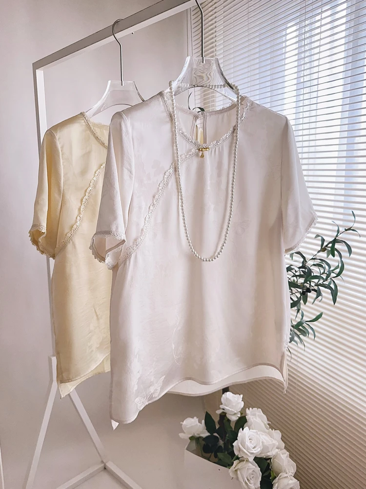 

Mingmeihui 2025 Women's Summer New Sle Chinese National Sle Satin Floral round Ne ort Sve irt Versatile Small Top