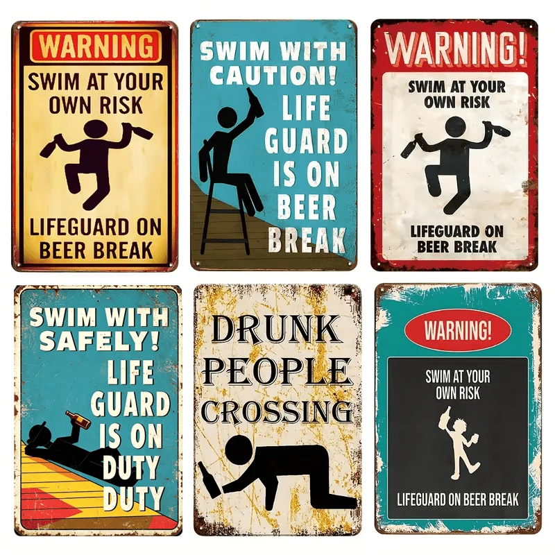 2D Flat, 6pcs 30.48X20.32 cm 2D Flat Vintage Funny Swimming Pool Safety Warning Slogan Metal Sign Set, Retro Rustic Decorative P