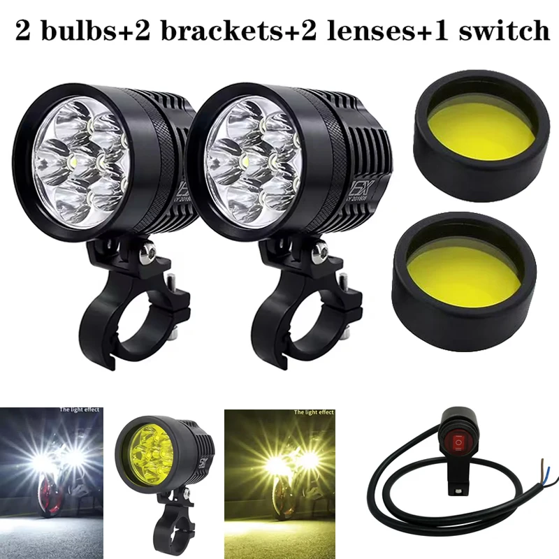 

2PCS Universal LED Headlight Dual Color Spotlights Lens Yellow White With Switch Fog Lamp Work Light Motorcycle Auxiliary Fog