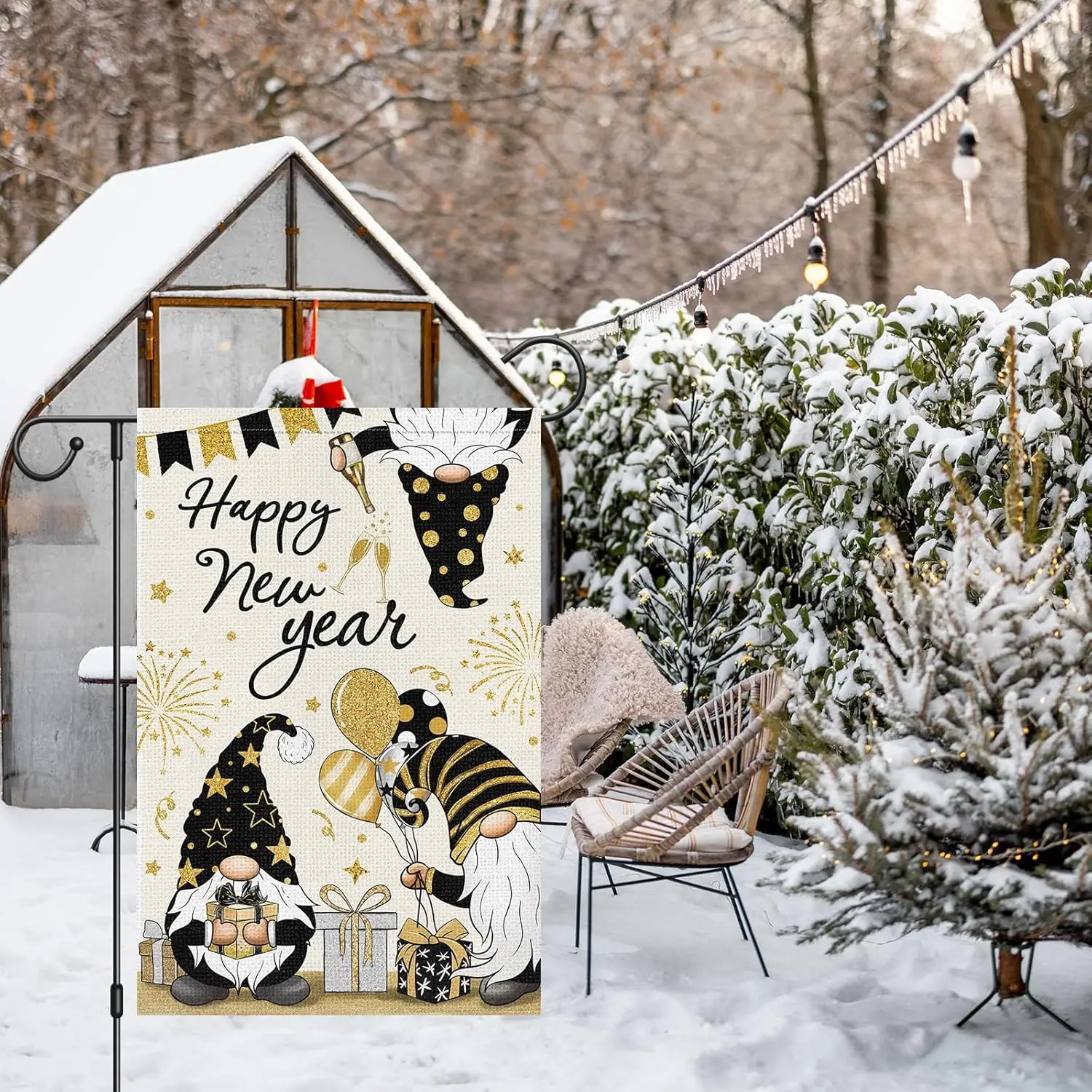 Heyfibro Happy New Year Gnomes Garden Flag 12x18 Inch Double Sided Burlap Firework Balloon Celebration Banner for Winter Hol KKW