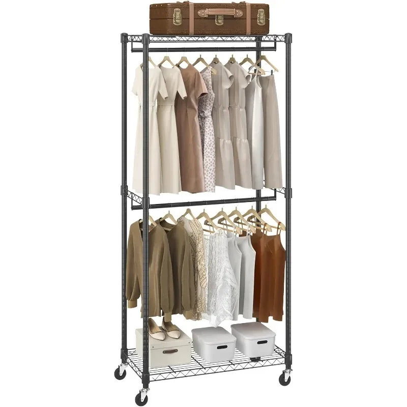 

Heavy Duty Clothes Rack, Double Hanging Rods Clothing Garment Rack with Bottom and Top Storage Tier, Rolling Clothing Rack