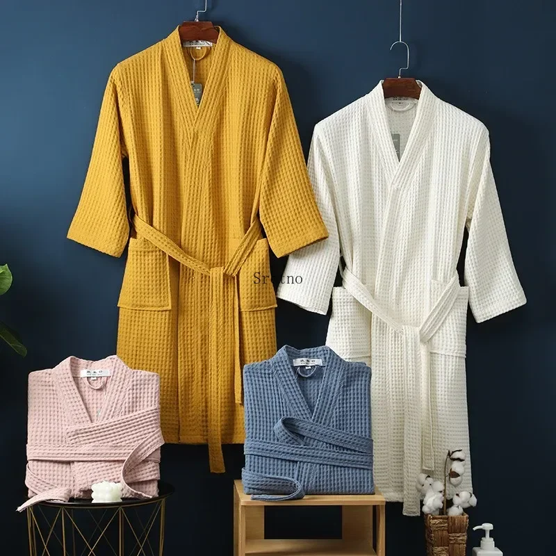 Cotton Bathrobes Spring and Summer Thin Morning Robes Long Waffle Home Hotel Beauty Salon Bathrobes Shower robe Home Sleepwear