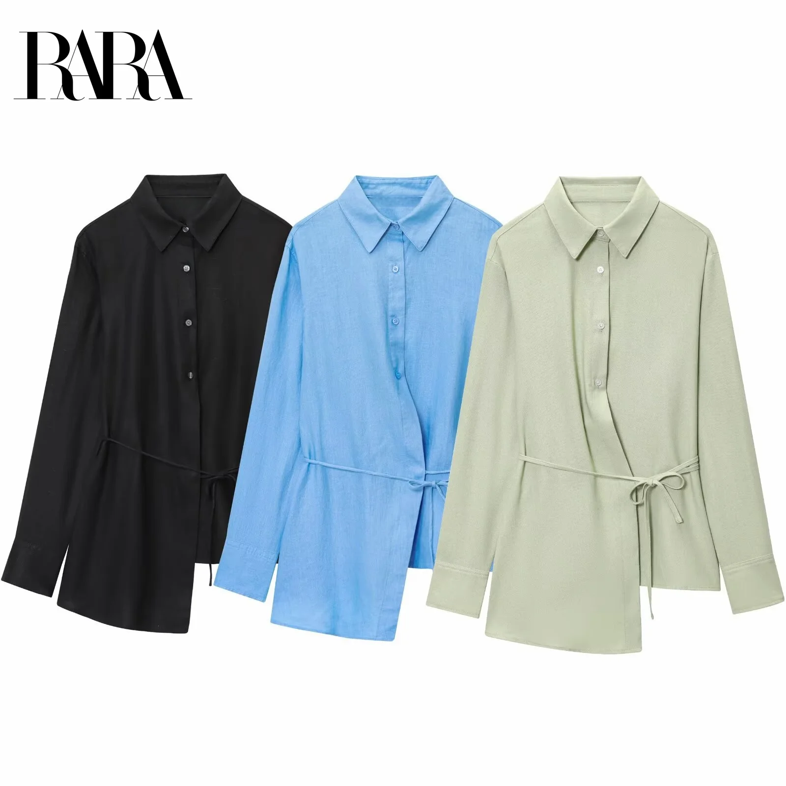 RARA2025 신상 여름 여성 캐주얼 패션 심플 루즈핏 허리 벨트 라펠 긴팔 언밸런스 밑단 셔츠 탑