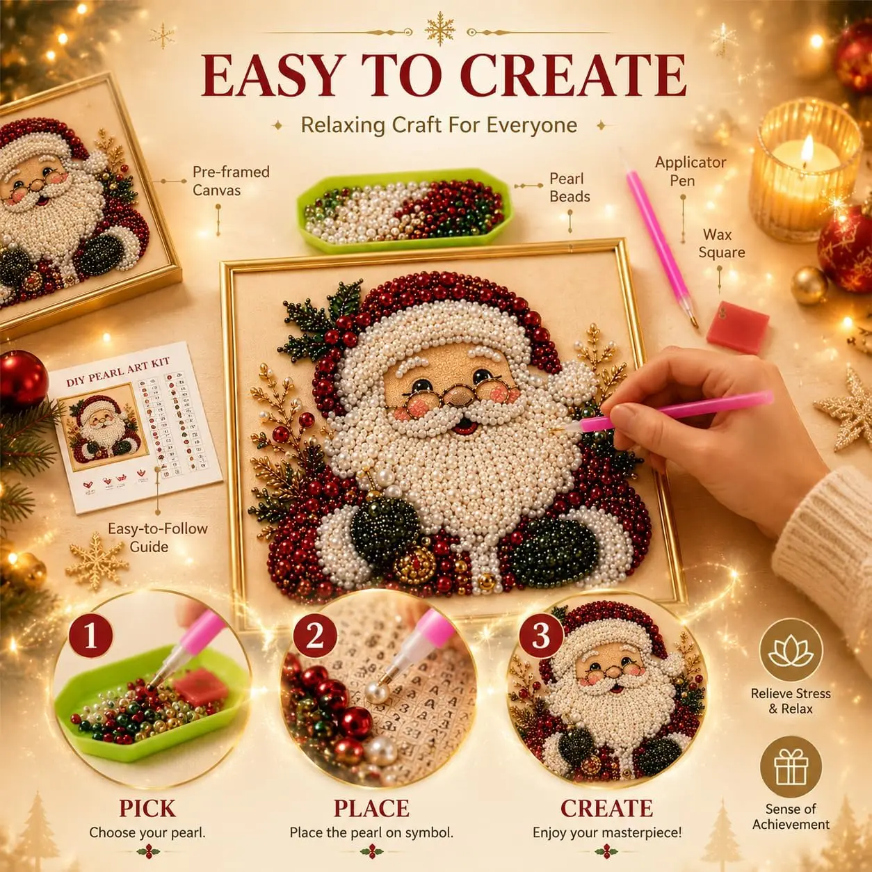 DIY Christmas Pearl Diamond Painting Art Kit with Frame Pearl Beads Art Craft for Adults Beginner Holiday Christmas Wall Decor