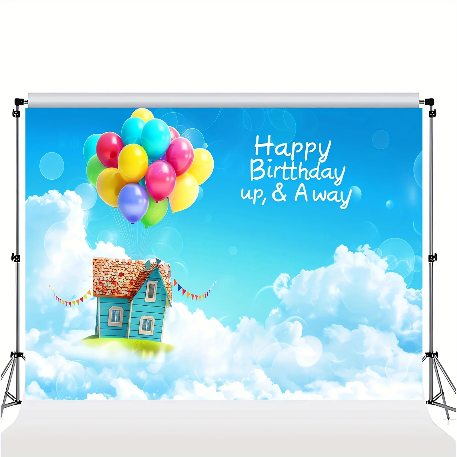 Fotohintergrund für Geburtstagsfeiern, Abenteuer „Happy Birthday“, Luftballons, Partydekoration, blauer Himmel, weiße Wolken, Banner-Dekoration – Detail 6