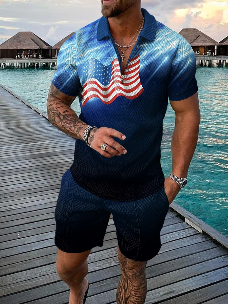 Treino masculino impressão 3d conjuntos de polo masculino 2022 novo verão bandeira americana harajuku manga curta com zíper camisa polo + shorts