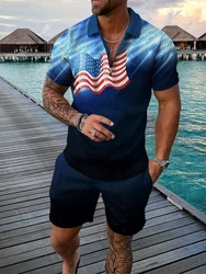 Treino masculino impressão 3d conjuntos de polo masculino 2022 novo verão bandeira americana harajuku manga curta com zíper camisa polo + shorts conjunto para homem