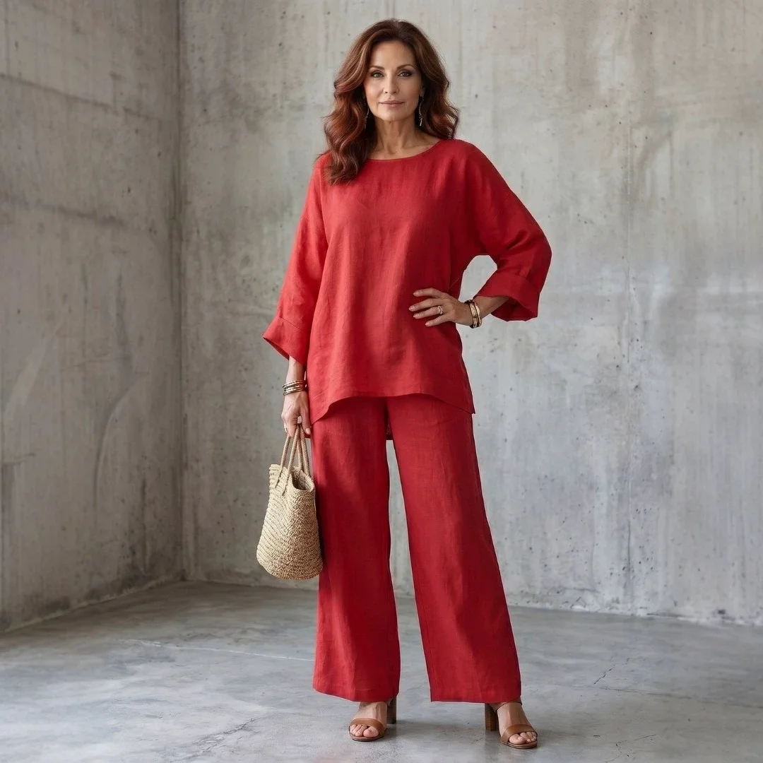 Women's Casual Linen Mix Loose Fit round Neck Shirt Wide Leg Pants Set Comfortable Commute Style Four Seasons Universal