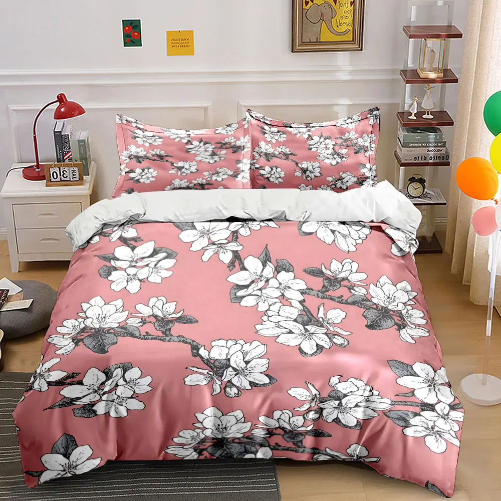 White floral pattern on red background Bedding Set 1 Duvet Cover 2 Pillowcases for Adult and Children Luxury Gift Full Size