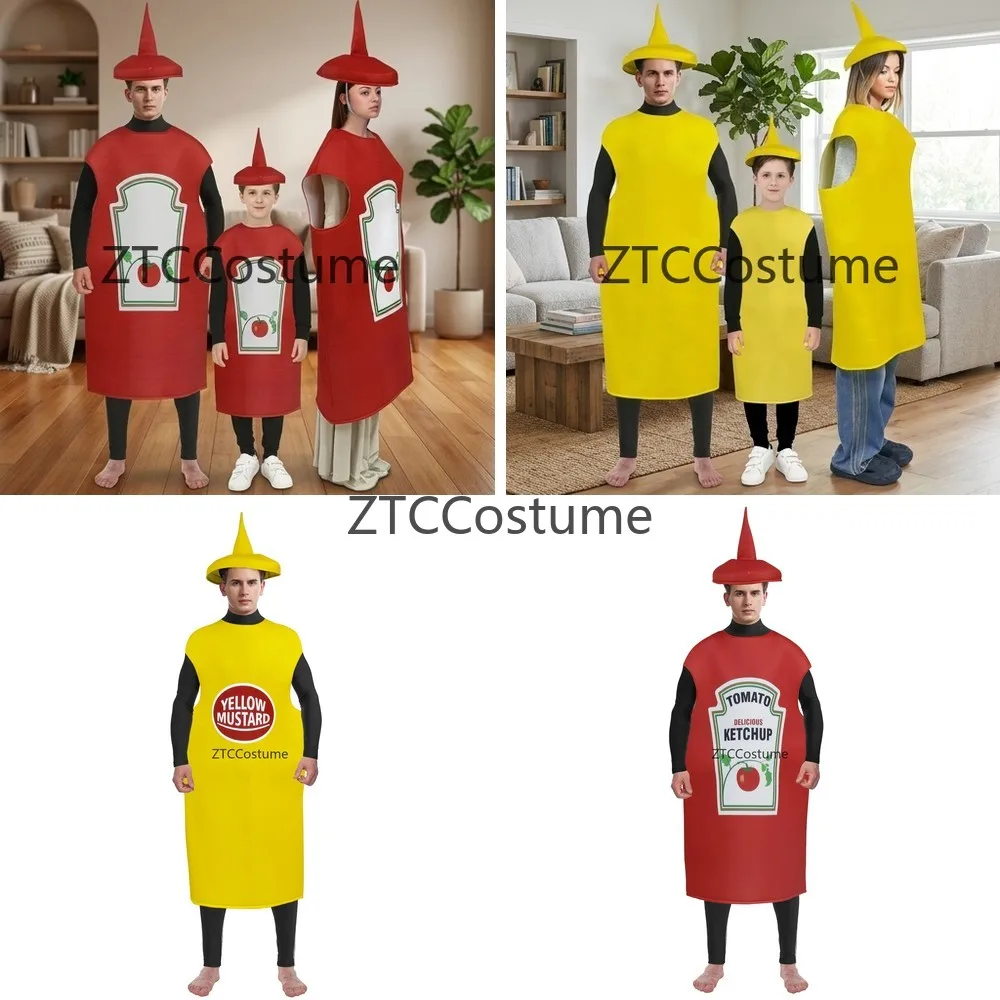 Funny Tomato Ketchup Costume Adult Mustard Yellow Halloween Cosplay Party Disguise Suit for Men Women
