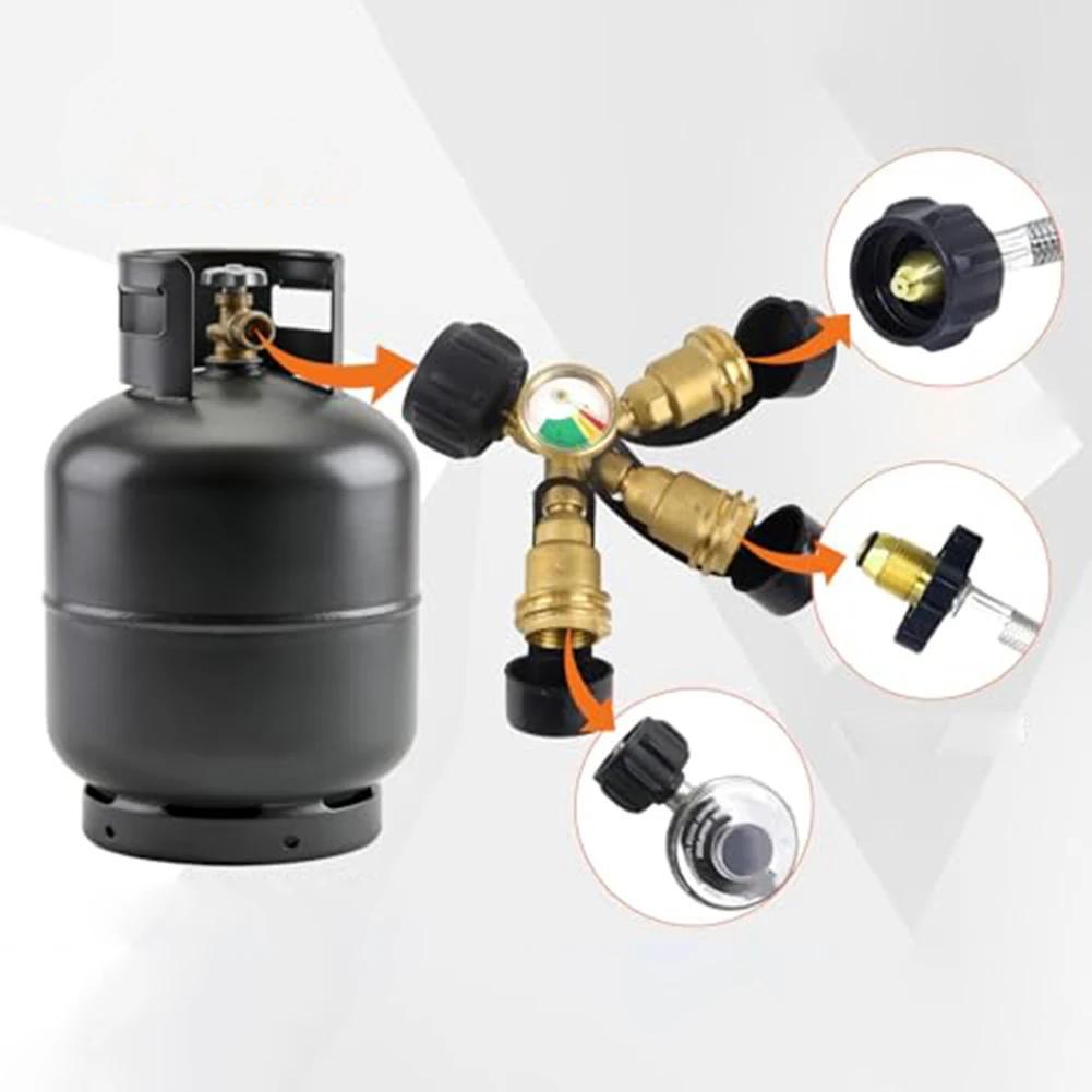 3 Way Propane Tank Splitter with Easy View Pressure Gauge and Gas Flow Safety Valves for BBQ RV Camping Equipment