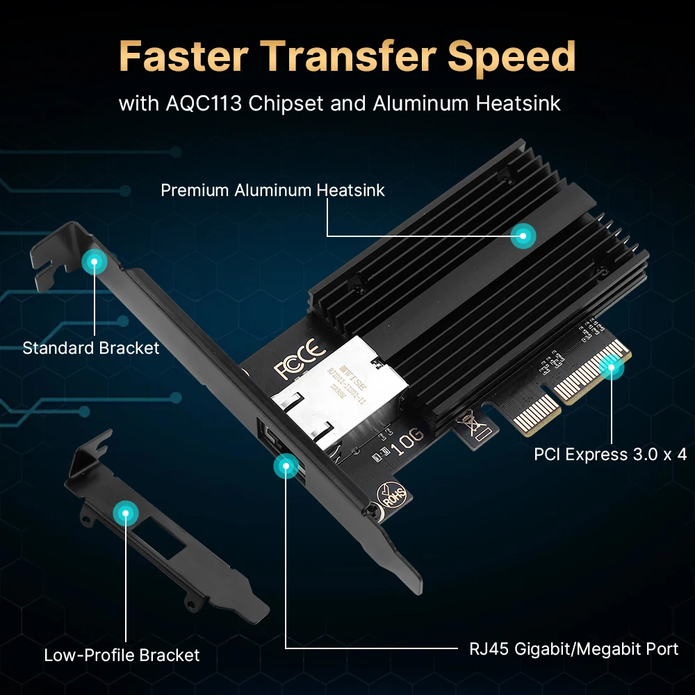 Tarjeta de red Ethernet Gigabit, adaptador inalámbrico para PC Win10/11, 10Gbps, PCI-E a RJ45, AQC113, PCIe x4, 5Gbps, 2,5 Gbps, 1Gbps