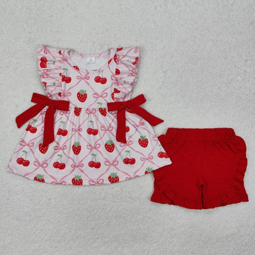 

Baby Girls Strawberry Bows Tunic Ruffle Shorts Clothes Sets