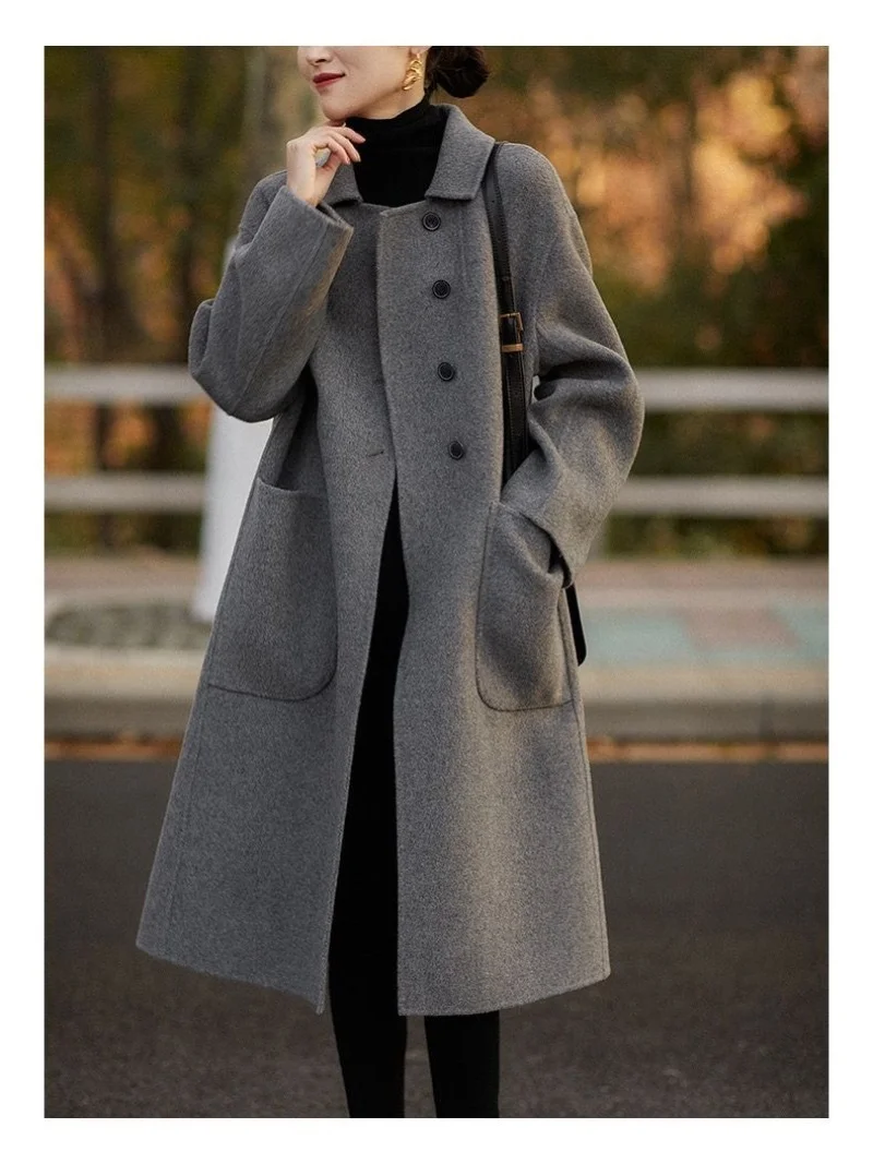 Women's Lyrical Button Spring Faux Wool Velvet Coat Highend Doublesided Midlength Loose  Female Ladies Overcoat Outwear