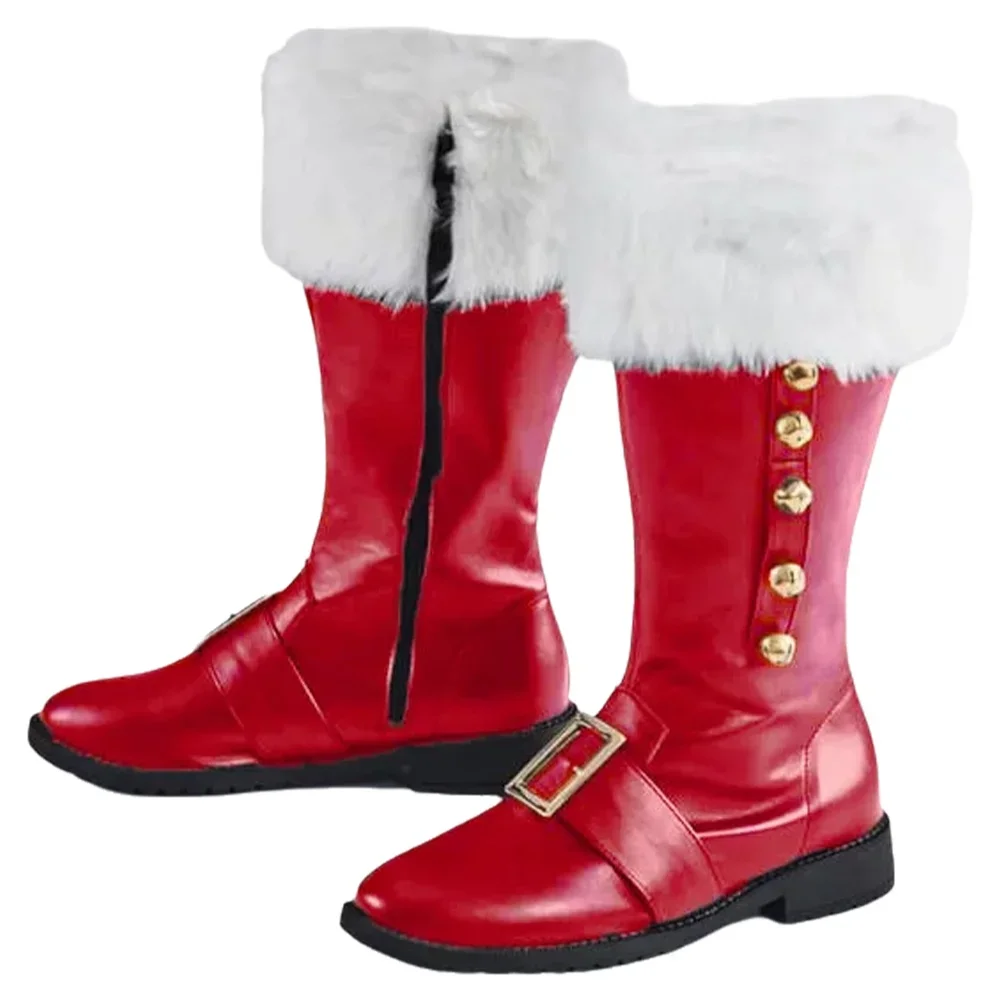 Weihnachten Santa Claus Stiefel Männer Cosplay Neue Jahr Rot Schwarz Leder Schuhe Weiß Plüsch Manschetten Fuß Halloween Weihnachten Winter Stiefel