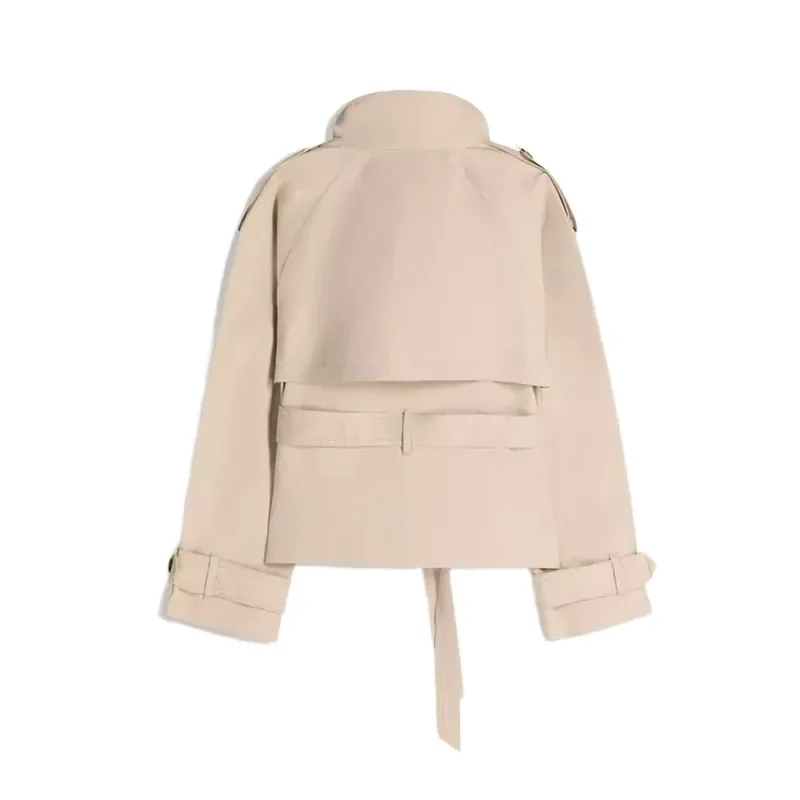 Einfarbiger Damen-Trenchcoat mit Schnürung, Stehkragen, Doppelreihig, Modisch 2026 Frühling Herbst, Elegante Lässige Damenjacke – Detail 2