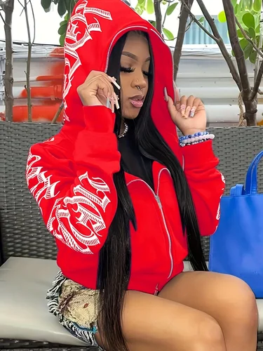 Imagen 2 del producto Sudaderas con capucha y cremallera de manga larga con estampado de letras, sudadera punk gótica Cyber Y2K, ropa de mujer