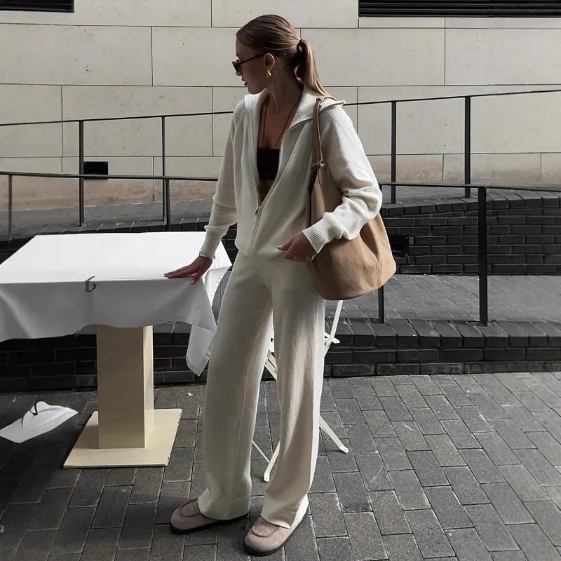 Cross-border Zipper Cardigan Sweater Set, European American Autumn  Knitted Cardigan + Wide-leg Long Pants Knitted Set for Women
