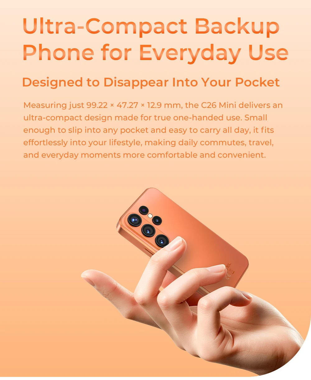OUKITEL C26 Mini Smartphone, Ultra Compact 4" Mini Display, Up to 12GB RAM (3+9) +32GB ROM, Massive 2300mAh Battery, Android 16, Gemini AI, Small Pocket Mini Mobile Phone, Stay Light Stay Connected