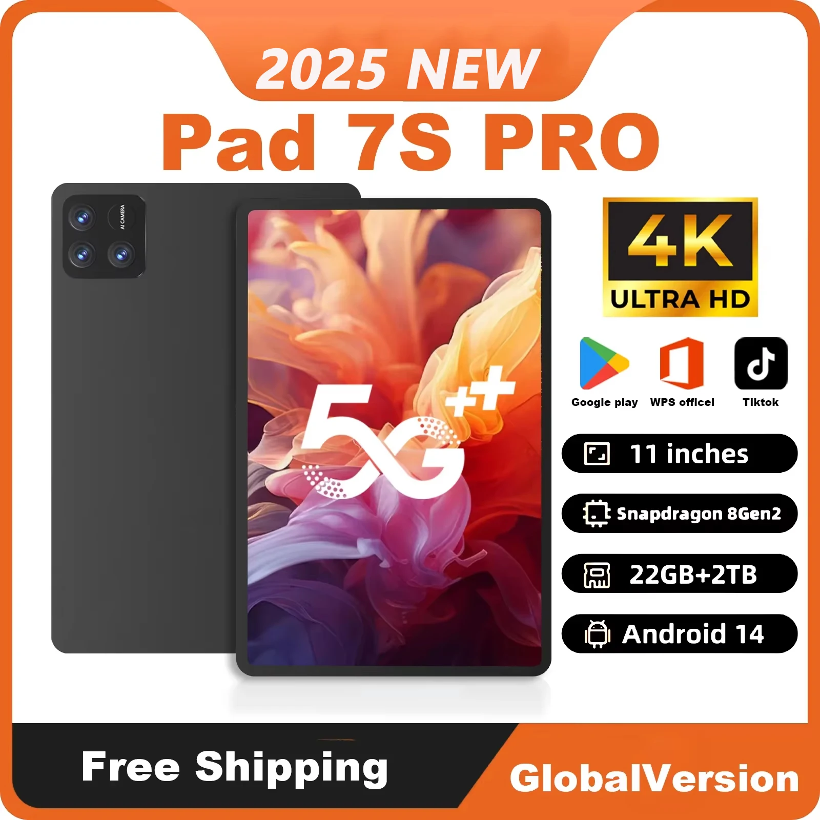 2025 Original Global Version Pad 7S Pro Tablets 22GB+2TB Android14 11 Inch 5G Dual SIM GPS Bluetooth WiFi WPS Tablet PC