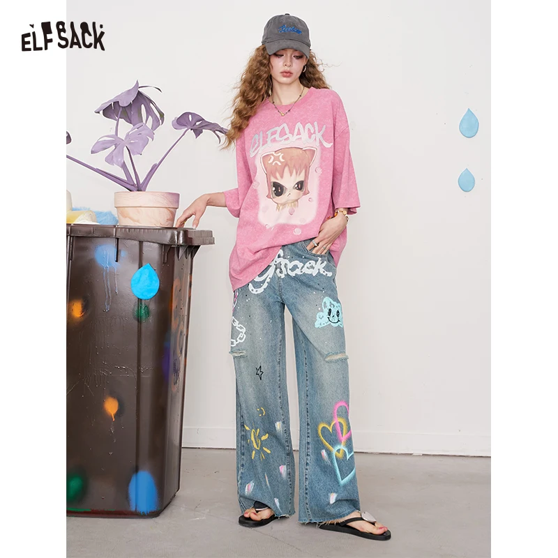 ELFSACK 2025 été nouveauté Y2K Graffiti détruit Denim pantalon jambe large Streetwear jean pour femme