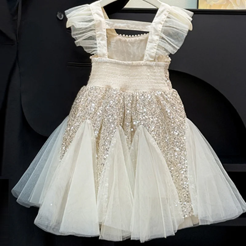 Sequined Princess Dress Girls Puff Dress Kids Birthday Party Mesh Gown Children Casual Clothes Toddler Fashion Vestidos 2-10Y