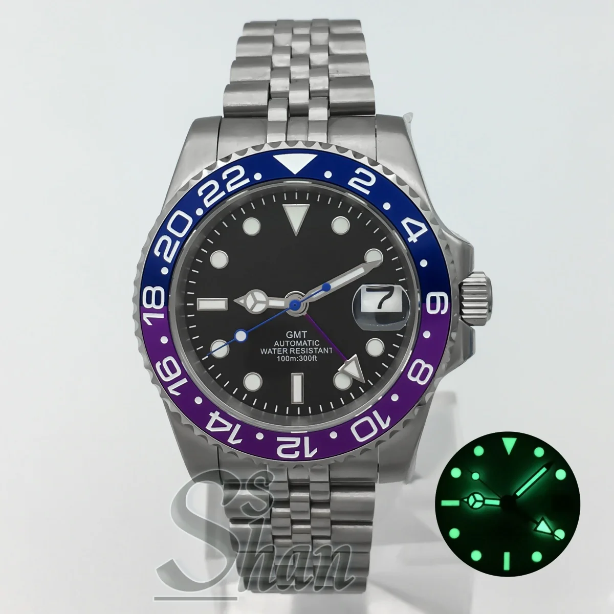 Montre mécanique de luxe NH34 GMT, logo personnalisé, 40mm, lunette en céramique, verre saphir, cadran lumineux vert, résistant à l'eau jusqu'à 10ATM