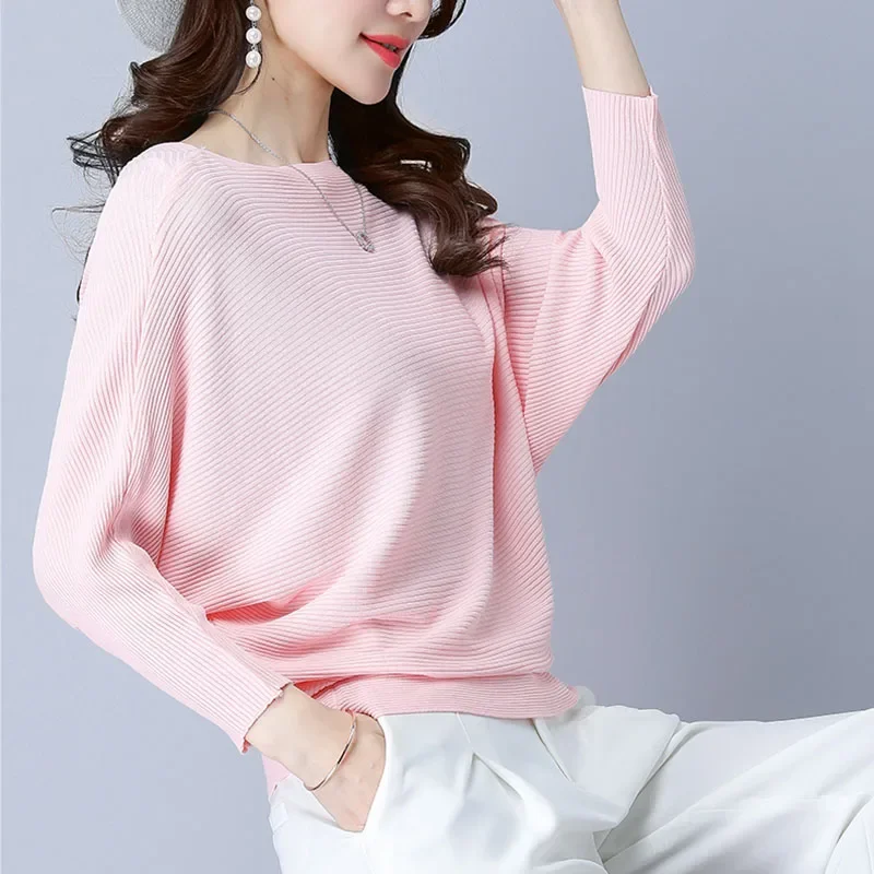 Spring Loose Knitted Pullovers Sweater Tops Women Fashion O-Neck Long Sleeve Ladies Knitted Pullover Jumper Bat wing Casual Top